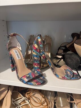 Steve Madden Multicolor Snakeskin Block Heel Sandals - Blue, Pink, Yellow, Black